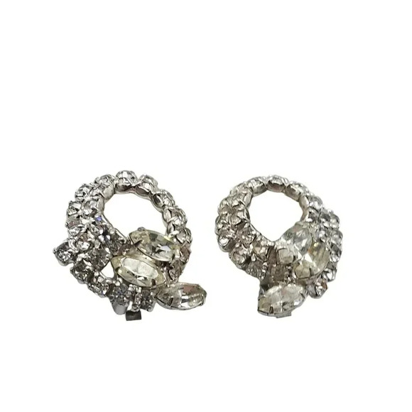 Clear Rhinestone Crystal Twist Clip on Earrings Silver Tone Vintage Deco Style - Picture 3 of 5